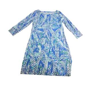 Lilly Pulitzer Sophie Dress Blue Green Tropical Print Boat Neck Button Detail M